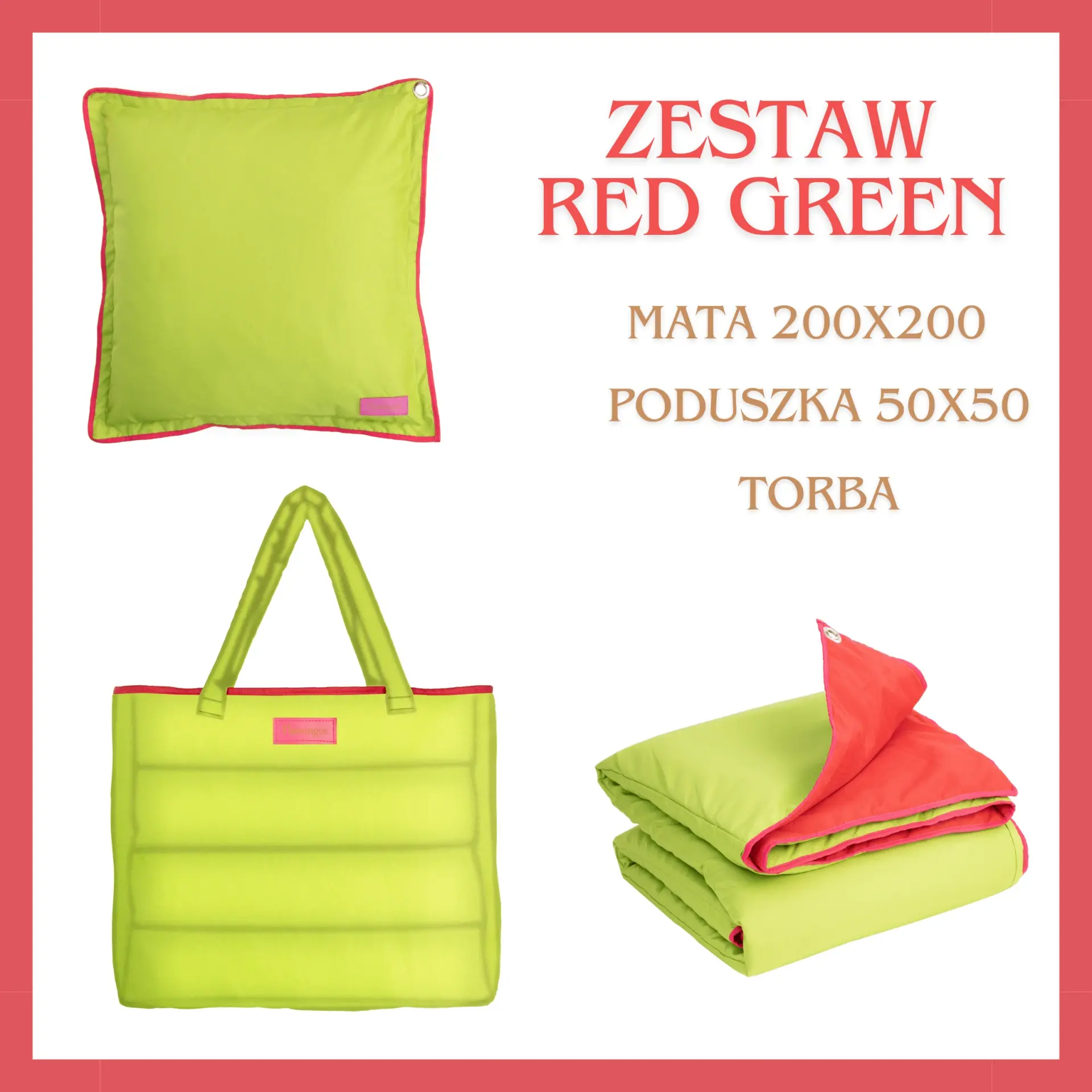 ZESTAW RED GREEN- mata plażowa, poduszka i torba XXL