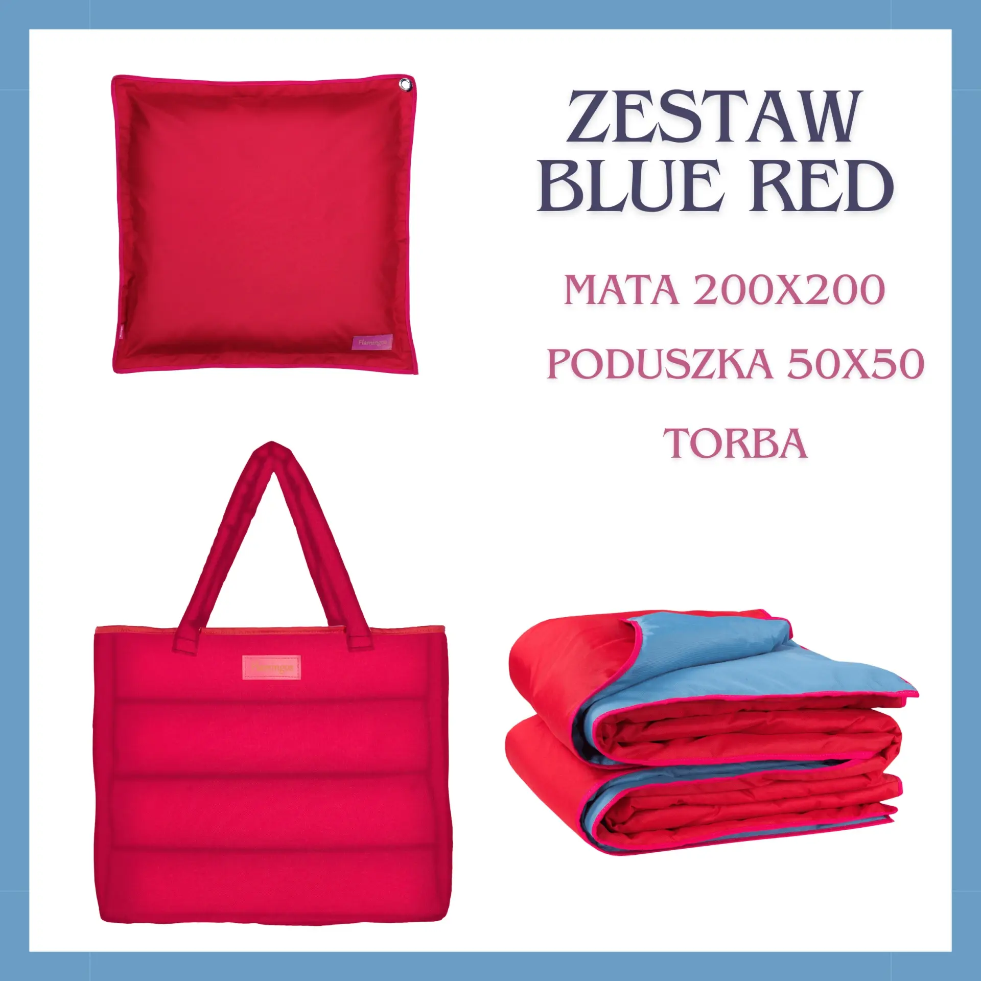 ZESTAW BLUE RED- mata plażowa, poduszka i torba XXL