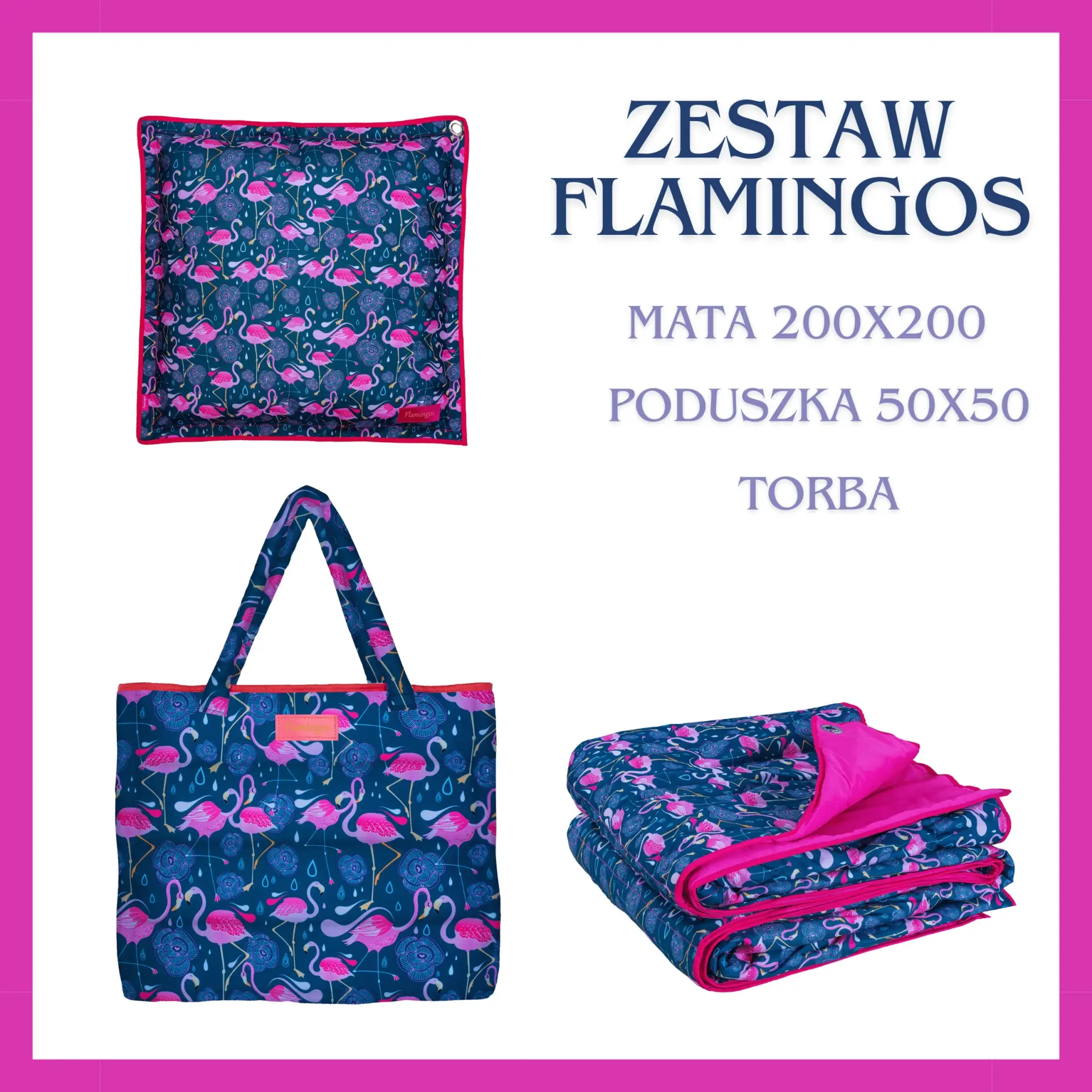 ZESTAW FLAMINGOS- mata plażowa, poduszka i torba XXL