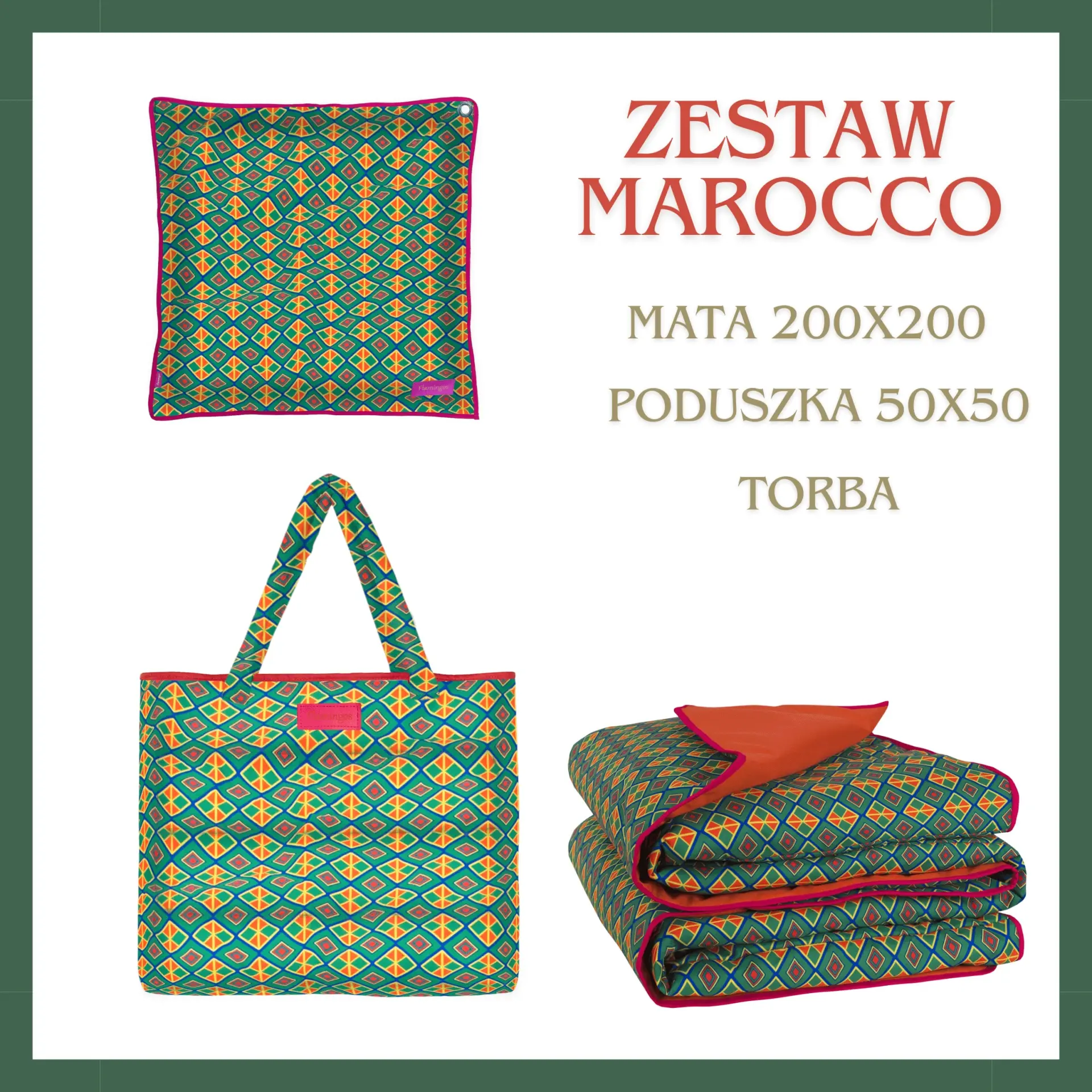 ZESTAW MAROCCO- mata plażowa, poduszka i torba XXL