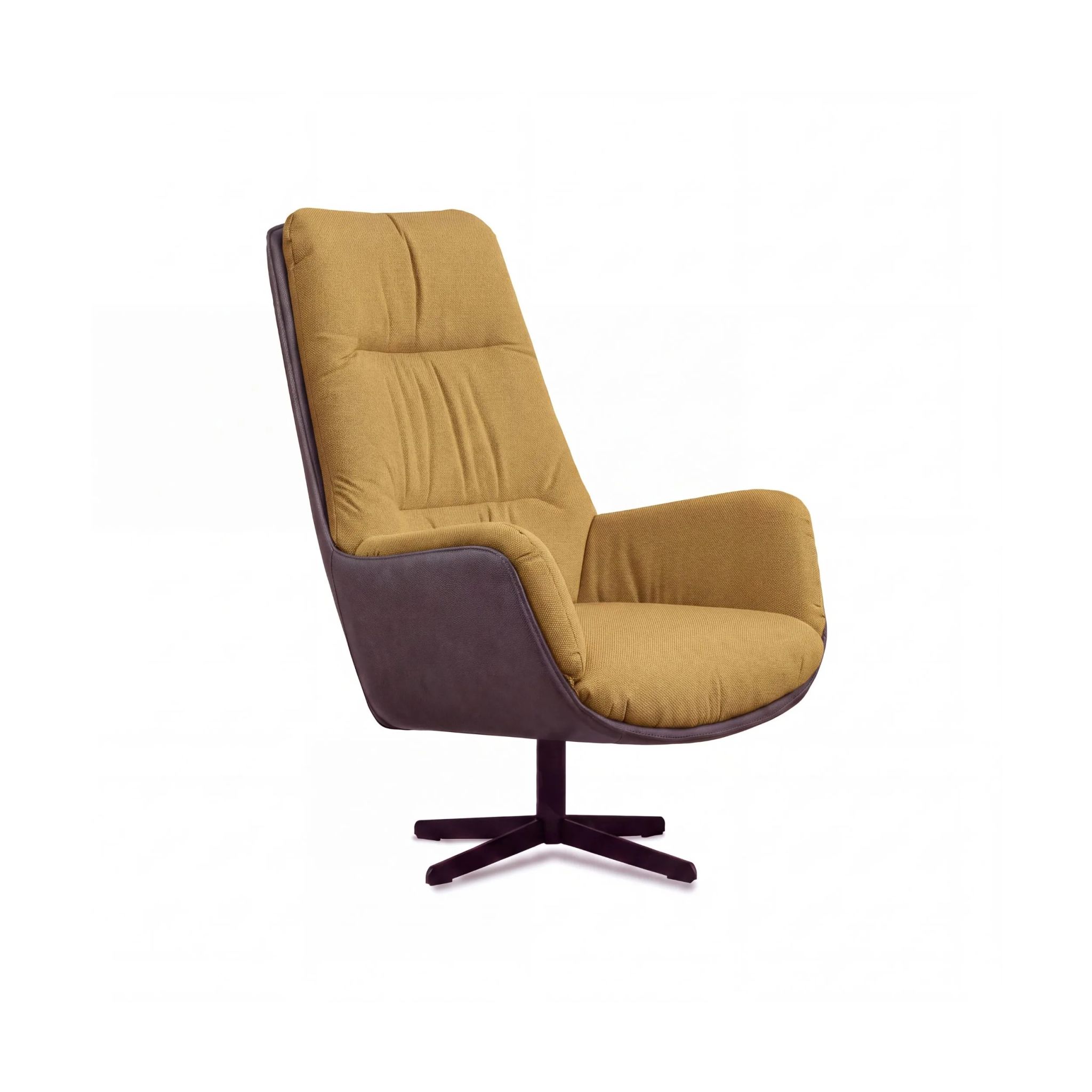 Fotel designerski obrotowy Andy – żółta plecionka / brązowo fioletowy Nube look skóry